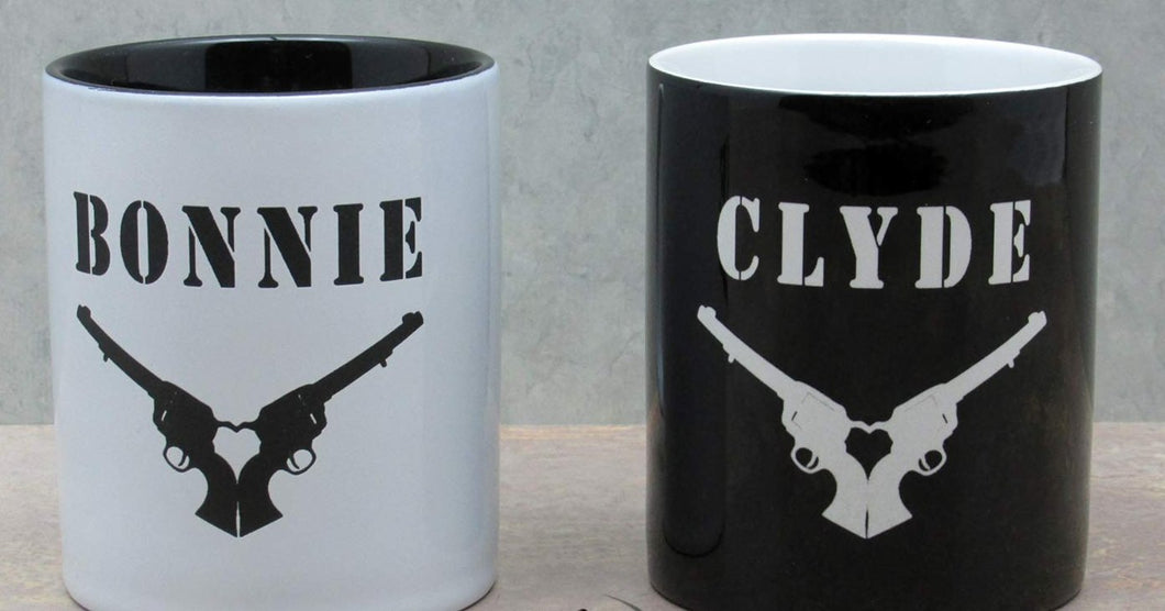 bonnie & clyde coffee cups, customized bonnie & clyde coffee cups by Timber 2 Glass, Bonnie & Clyde coffee cups