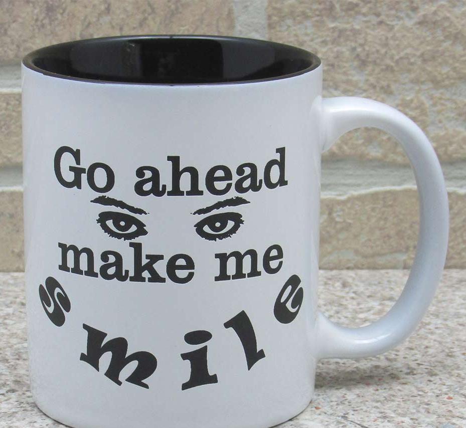go ahead make me smile coffee mug, custom engraved coffee cup, laser engraved gifts by Timber 2 Glass, custom engraved gifts, gift ideas, coffee cup saying