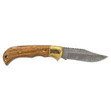 3-3/4" Wood Folding Knife with Damascus Steel Blade and Leather Sheath