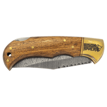 3-3/4" Wood Folding Knife with Damascus Steel Blade and Leather Sheath