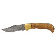 3-3/4" Wood Folding Knife with Damascus Steel Blade and Leather Sheath