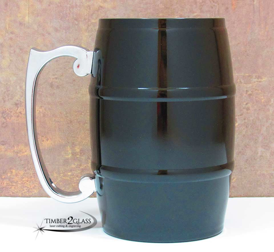 black barrel mug, laser engrave barrel mug, customize barrel mug, personalize barrel mug