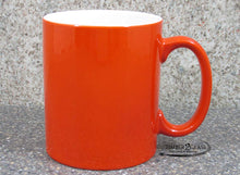 orange coffee cup laser engraved by Timber 2 Glass, orange laser engraved coffee cup