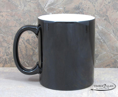 customize black coffee cup by Timber 2 Glass, personalize coffee cup, laser engrave coffee cup