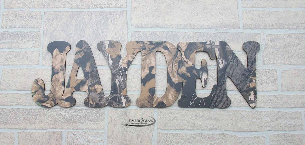 camo wall art, camo name cutout, custom laser cutouts, personalized signs with Timber 2 Glass, laser engraved wall art, home decor, custom home decor, gift ideas, laser engraved gift ideas