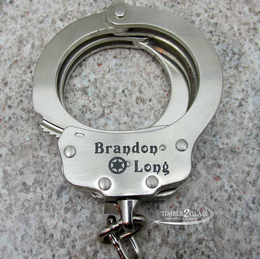 engraved handcuffs, laser engraved handcuffs by Timber 2 Glass, custom laser engraving, gift ideas, laser engraved gift ideas