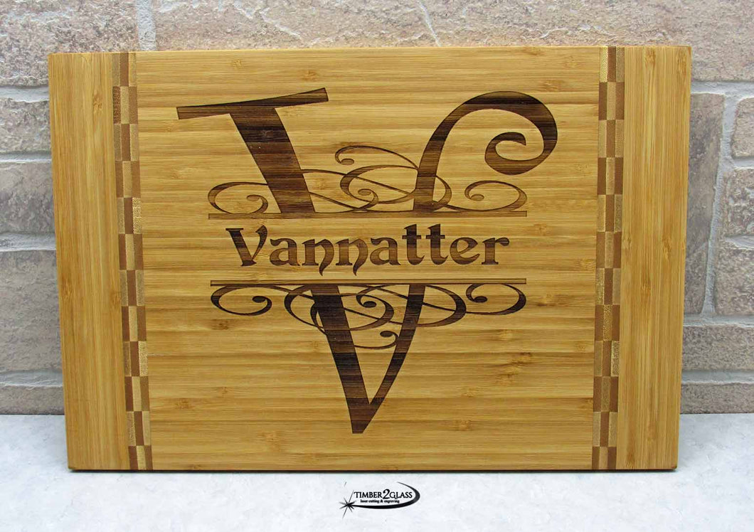 initial and name cutting board engraved by Timber 2 Glass, laser engraved cutting board, custom engraved cutting boards, custom gifts, custom engraved gifts